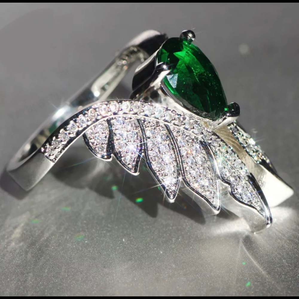 Green Statement silver angel wings ring - Picture 4 of 5